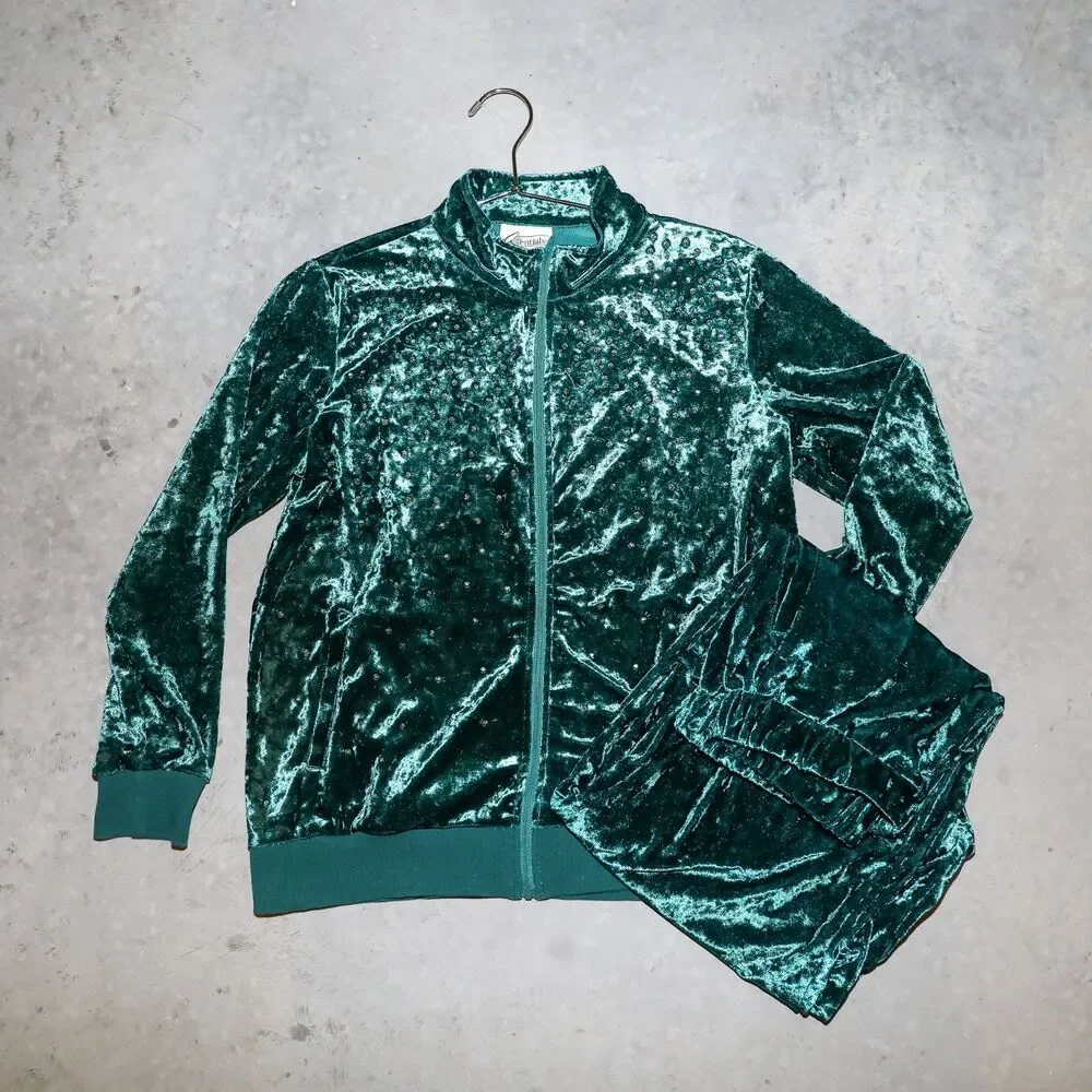 Vintage Y2K Velvet‎ Tracksuit Set Two Piece Loungewear Matching Set Size Small